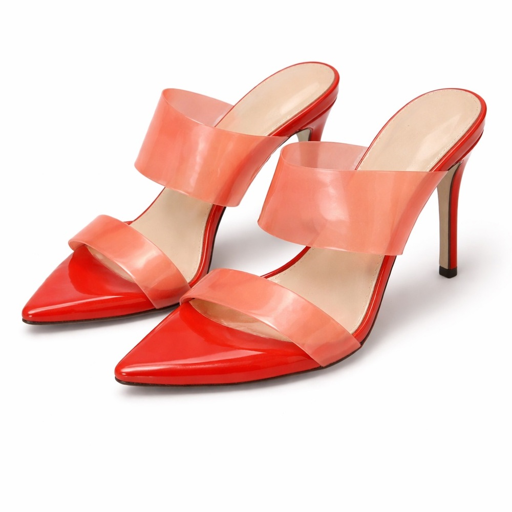 Vinianty Red Orange Open-Toe Mule Stiletto Heels | Clear Strap Sandals | Size 10